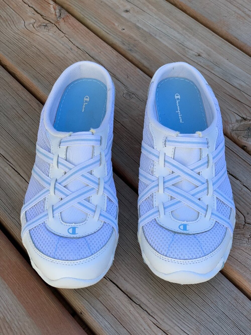Champion Mule Sneakers 10 White Mesh Blue Elastic Slip On Comfort Walking Shoes